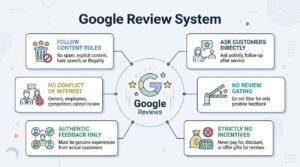 Infographic on the Google review system, detailing content rules, no conflict of interest, authentic feedback only, asking customers directly, no review gating, and strictly no incentives.