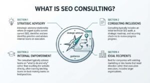 Educational infographic titled 'What Is SEO Consulting?' with a central compass and digital roadmap icon, surrounded by four sections detailing strategic advisory definitions, consulting inclusions, internal team empowerment, and ideal corporate recipients