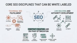Infographic titled CORE SEO DISCIPLINES THAT CAN BE WHITE LABELED breaking down technical SEO fulfillment, content creation and on-page optimization, and link building and authority development around a central SEO node hub.