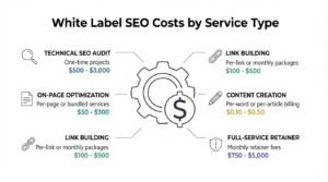 Educational pricing infographic titled 'White Label SEO Costs by Service Type' centered on an operational gear enclosing a currency dollar sign badge, itemizing wholesale price benchmarks across six deliverable categories: technical SEO audits, on-page optimization, link building, content creation, and full-service retainers