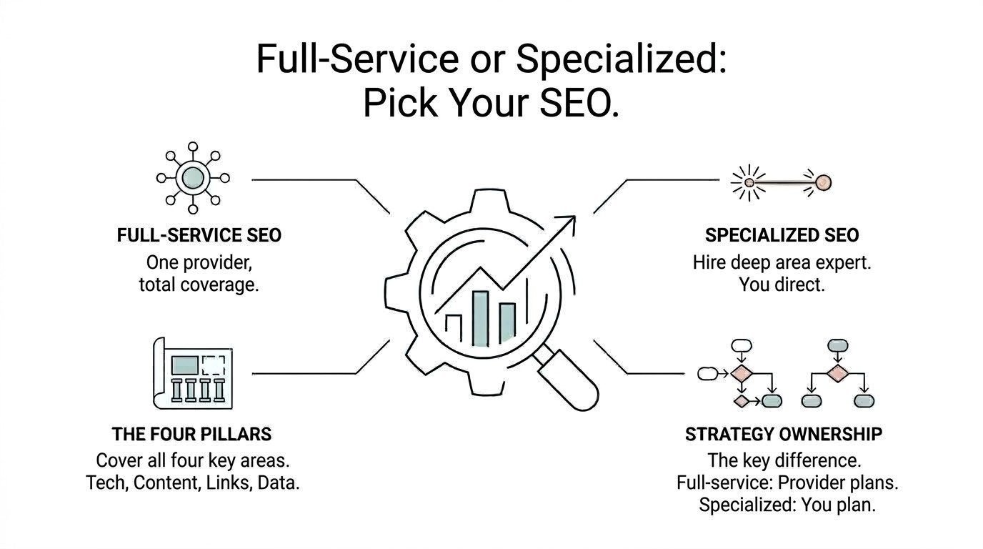Educational comparison infographic titled 'Full-Service or Specialized: Pick Your SEO.' centered on a mechanical gear enclosing an ascending bar graph examined by a magnifying glass, contrasting full-service SEO coverage across the four pillars against specialized expert hiring and client-directed strategy ownership