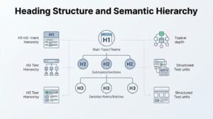 Infographic on heading structure and semantic hierarchy, detailing main topic theme H1, subtopics and sections H2, detailed points and entities H3, topical depth, and structured text units.