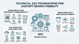 Infographic on technical SEO foundations for ChatGPT search visibility, detailing crawlablity and indexability requirements like spider bots, sitemaps, robots.txt files, accessibility, and clean URL structures, site speed and Core Web Vitals including speed, mobile responsiveness, optimized images, server response times, and performance graphs, and structured data and schema markup covering code, data entities, JSON-LD fragments, rich results, entity connections, and structured hierarchy.