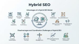 Infographic on hybrid SEO, detailing the advantages of a hybrid SEO model (integrated strategy, data-driven insights, faster adaptability, holistic performance, balanced resource allocation, and consistent brand messaging) alongside the disadvantages and coordination challenges (complex coordination, resource overlap, team misalignment, difficult performance tracking, and higher initial investment)