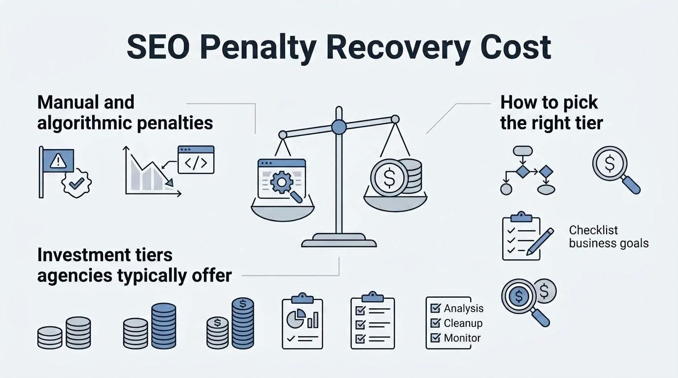 Infographic titled 'SEO Penalty Recovery Cost' illustrating manual and algorithmic penalties on the top left, investment tiers agencies typically offer on the bottom, and how to pick the right tier on the top right, surrounding a central scale balancing a browser window and coin stacks.