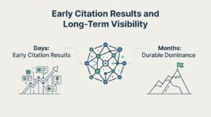 Infographic on early citation results and long-term visibility, detailing days for early citation results and months for durable dominance.