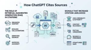 Infographic on how ChatGPT cites sources, detailing the role of Retrieval-Augmented Generation (RAG) in citations including enhancing context, reducing hallucinations, identifying sources, and improving accuracy, alongside signals that increase citation likelihood such as high credibility and authority, content relevance, factual uniqueness, recency and freshness, and structured data.