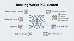Infographic on how ranking works in AI search, detailing passage-level ranking, topical relevance, expertise, backlink profile, content freshness, structural clarity, and E-E-A-T concepts (experience, expertise, authoritativeness, and trustworthiness)