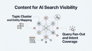 Infographic on content for AI search visibility, detailing topic cluster and entity mapping, and query fan-out and intent coverage.