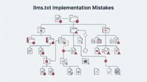 Infographic on llms.txt implementation mistakes, detailing common file configuration errors, directory structure missteps, and technical pitfalls in generative engine optimization.