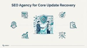 Infographic titled 'SEO Agency for Core Update Recovery' illustrating professional partnership and agency collaboration features-including global networking, data analysis, ranking growth charts, security shielding, performance gears, audit checklists, and node mapping-surrounding two business professionals shaking hands.