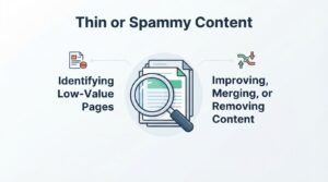 Infographic titled 'Thin or Spammy Content' illustrating identifying low-value pages on the left and improving, merging, or removing content on the right, surrounding a central document stack and magnifying glass icon.