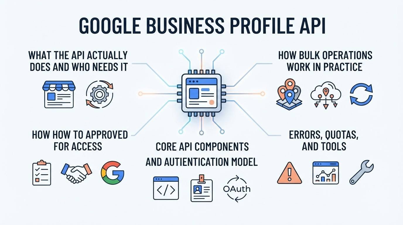 Infographic on the Google Business Profile API, detailing what the API actually does and who needs it, how to get approved for access, core API components and authentication model, how bulk operations work in practice, and errors, quotas, and tools.