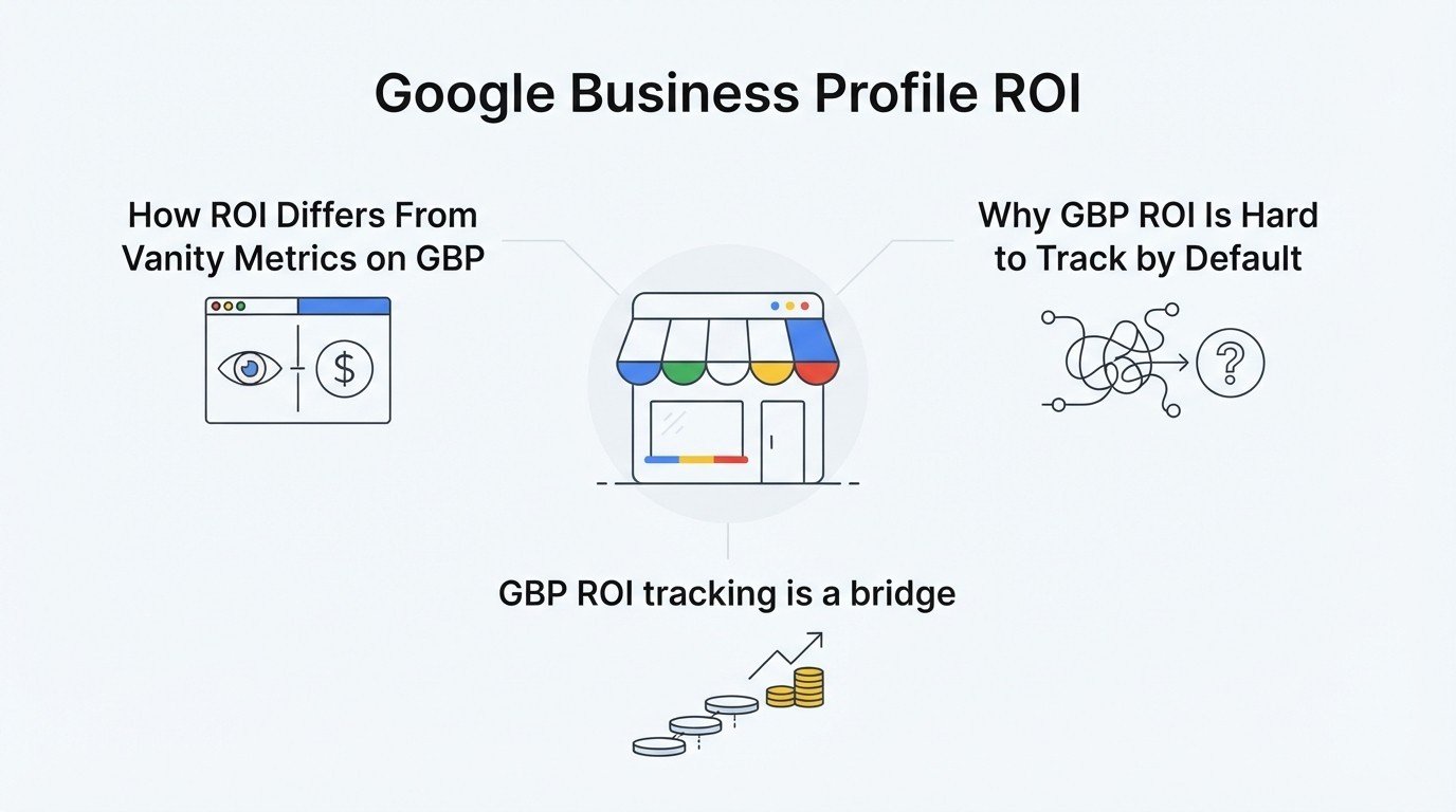 Infographic on Google Business Profile ROI, detailing how ROI differs from vanity metrics on GBP, why GBP ROI is hard to track by default, and how GBP ROI tracking is a bridge.