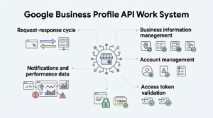 Infographic titled 'Google Business Profile API Work System' illustrating five core components: request-response cycle, business information management, account management, access token validation, and notifications and performance data surrounding a central store icon.