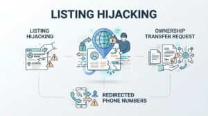 Infographic titled 'Listing Hijacking' illustrating unauthorized changes to business names and addresses, ownership transfer requests, and redirected phone numbers centered around a digital security breach icon.
