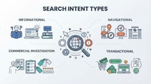B2B technical educational infographic titled 'SEARCH INTENT TYPES' detailing four query intent classifications—Informational, Navigational, Commercial Investigation, and Transactional—organized around a central globe inspection lens with navigational pointers, query bubbles, and information symbols