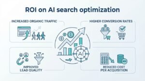 Infographic on ROI on AI search optimization, detailing increased organic traffic, higher conversion rates, improved lead quality, and reduced cost per acquisition.