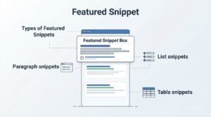B2B educational infographic titled 'Featured Snippet' breaking down 'Types of Featured Snippets' around a central search browser displaying a prominent Featured Snippet Box, categorizing Paragraph snippets, List snippets, and Table snippets above standard organic search results