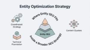 Infographic on entity optimization strategy, detailing where entity SEO fits inside a broader SEO strategy, coordinated strategy, technical foundation, and content clusters.