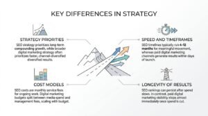 Infographic titled 'Key Differences in Strategy' centered around a visual metaphor of a highway diverging into an uphill mountain climb on the left and fast multi-lane arrows on the right, contrasting SEO and broader digital marketing across strategy priorities, timeframes, cost models, and result longevity