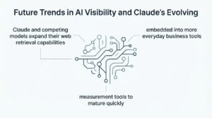 Infographic on future trends in AI visibility and Claude's evolving, detailing Claude and competing models expand their web retrieval capabilities, embedded into more everyday business tools, and measurement tools to mature quickly.