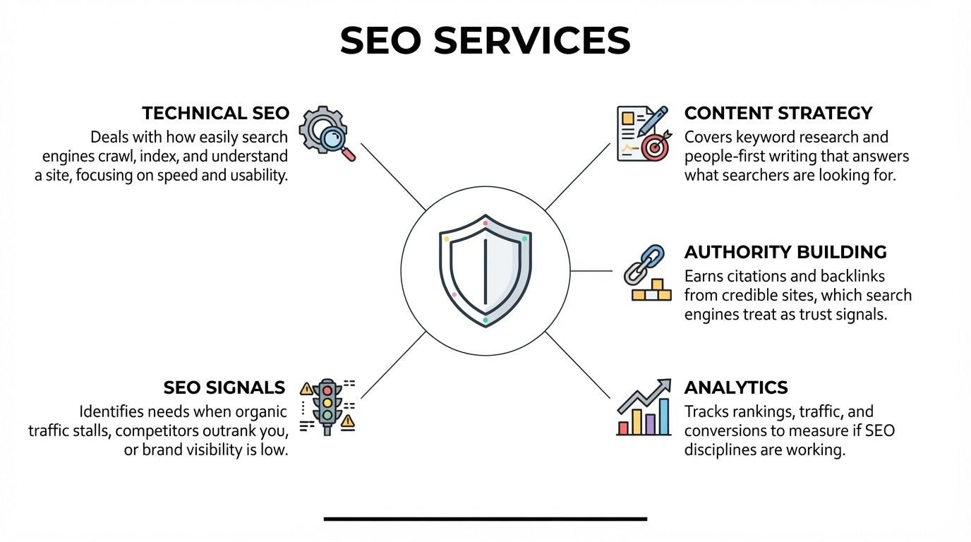 Educational B2B procurement infographic titled 'SEO Services' centered on a security shield enclosed in a circular badge, radiating outward to five core delivery disciplines and diagnostics: Technical SEO, Content Strategy, Authority Building, Analytics, and SEO Signals
