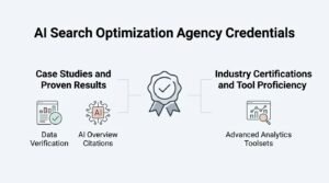 Infographic on AI search optimization agency credentials, detailing case studies and proven results, data verification, AI overview citations, and industry certifications and tool proficiency with advanced analytics toolsets.