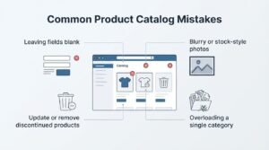 Infographic on common product catalog mistakes, detailing leaving fields blank, blurry or stock-style photos, updating or removing discontinued products, and overloading a single category.