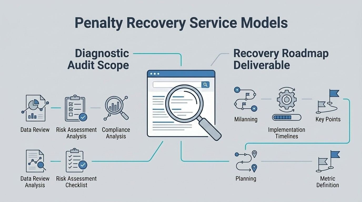 Infographic titled 'Penalty Recovery Service Models' illustrating a diagnostic audit scope on the left—featuring data review analysis, risk assessment analysis, and compliance analysis—and a recovery roadmap deliverable on the right—featuring planning, implementation timelines, and metric definition—surrounding a central search browser and magnifying glass icon.