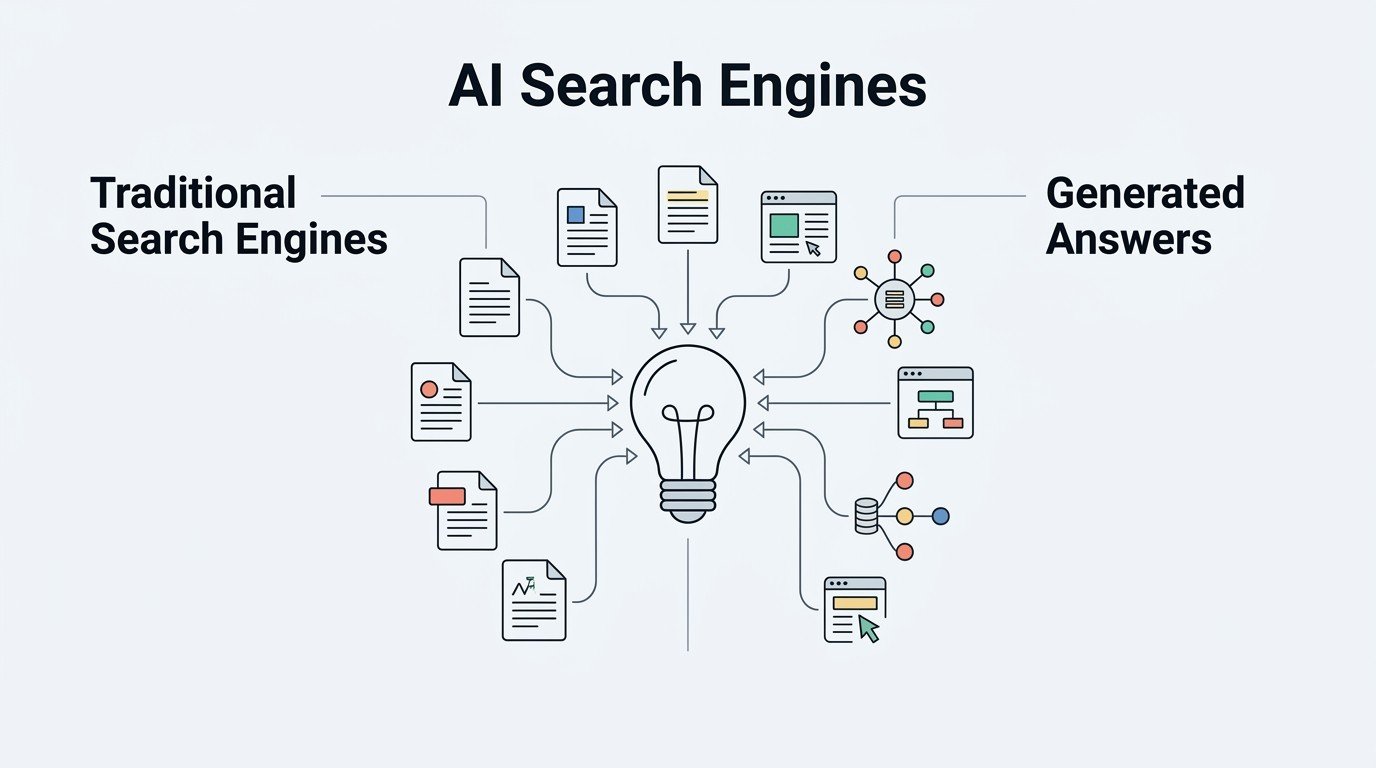 Infographic on AI search engines, detailing traditional search engines and generated answers.