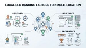 Infographic detailing local SEO ranking factors for multi-location businesses, covering proximity elements like map locations, users, and distance, relevance factors including keywords, attributes, and business categories, and prominence metrics such as review counters, brand ranking graphs, social proof signals, and awards.
