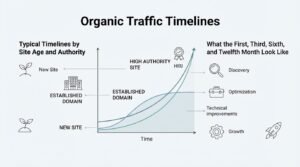 B2B technical educational infographic titled 'Organic Traffic Timelines' illustrating search growth velocity curves across New Sites, Established Domains, and High Authority Sites over time, flanked by monthly milestone phases including Discovery, Optimization, Technical improvements, and Growth