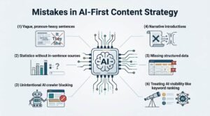 Infographic on mistakes in AI-first content strategy, detailing vague, pronoun-heavy sentences, statistics without in-sentence sources, unintentional AI crawler blocking, narrative introductions, missing structured data, and treating AI visibility like keyword ranking.