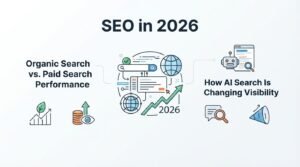 B2B educational infographic titled 'SEO in 2026' detailing organic vs. paid performance and AI search visibility around a central 2026 growth trajectory