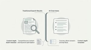 Infographic comparing traditional search results and AI Overviews, detailing content depth rewarded, comprehensive content and keyword optimization for traditional search, alongside concise, direct answers and key facts for AI Overviews