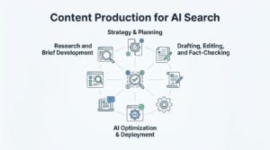 Infographic on content production for AI search, detailing strategy and planning, research and brief development, drafting, editing, and fact-checking, and AI optimization and deployment.