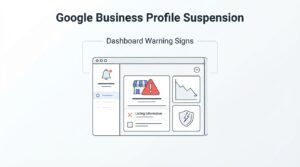 A stylized vector illustration of a dashboard interface showcasing warning indicators, including a storefront icon next to a red warning triangle, a downward-trending graph, an error marker next to "Listing information", a shield with a lightning bolt, and a notification alert.
