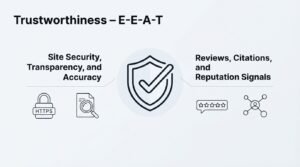 Infographic on trustworthiness in E-E-A-T, detailing site security, transparency, and accuracy, as well as reviews, citations, and reputation signals.