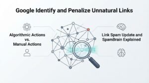 Infographic titled 'Google Identify and Penalize Unnatural Links' illustrating algorithmic actions versus manual actions on the left, and link spam updates and SpamBrain explained on the right, surrounding a central link network and magnifying glass icon.