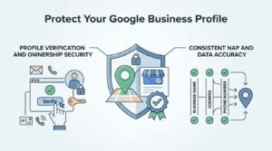 Infographic illustrating how to protect a Google Business Profile through profile verification, ownership security, and consistent NAP data accuracy.