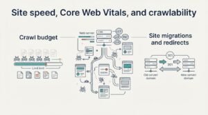 Infographic on site speed, Core Web Vitals, and crawlability, detailing crawl budget limits, web server performance, Core Web Vitals metrics (LCP, FID, CLS), and site migrations and 301 redirects
