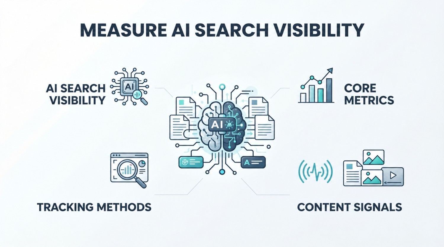 Infographic on measure AI search visibility, detailing AI search visibility, tracking methods, core metrics, and content signals.