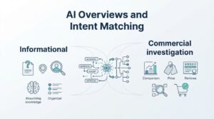 B2B technical educational infographic titled 'AI Overviews and Intent Matching' contrasting Informational search queries on the left with Commercial investigation queries on the right, connecting through a central AI processor analyzing sentences and routing into structured comparison nodes