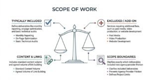 Educational procurement infographic titled 'Scope of Work' centered on a balanced legal scale graphic, contrasting standard included deliverables and content/link volumes on the left against excluded add-ons and contractual scope boundaries on the right