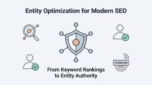 Infographic on entity optimization for modern SEO, detailing from keyword rankings to entity authority.