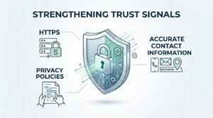 B2B technical educational infographic titled 'STRENGTHENING TRUST SIGNALS' highlighting HTTPS security, privacy policies, and accurate contact information around a central secure silver shield and padlock core