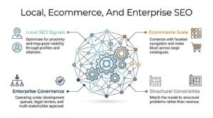 Educational B2B SEO infographic titled 'Local, Ecommerce, And Enterprise SEO' centered on a spherical network of interconnected nodes enclosing mechanical gears, detailing four core structural disciplines: Local SEO Signals, Ecommerce Scale, Enterprise Governance, and Structural Constraints