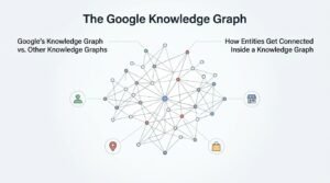 Infographic on The Google Knowledge Graph, detailing Google's Knowledge Graph vs. other knowledge graphs, and how entities get connected inside a knowledge graph.