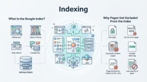 B2B technical educational infographic titled 'Indexing' detailing how the Google Index stores and categorizes web data, contrasting ingestion into the central index against six common reasons why pages get excluded from search results